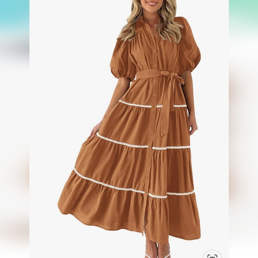 PrettyGarden Button Down Short Puff Sleeve Tiered Ruffle Long Maxi Dress